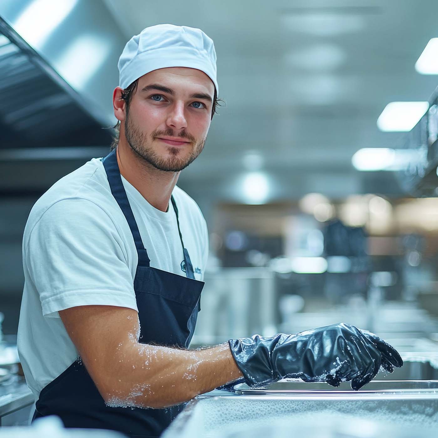 Young man thoroughly cleaning a spotless commercial kitchen with